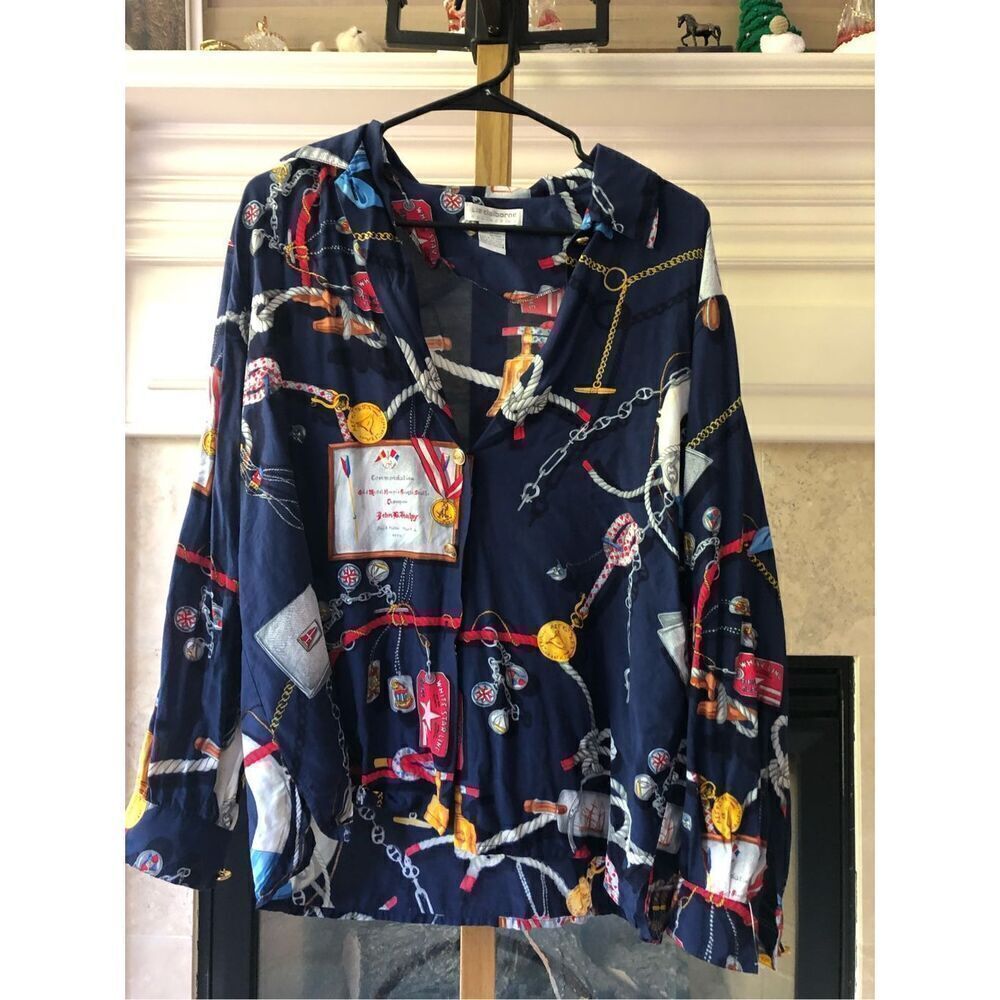 Liz Claiborne Collection Women’s Blue Sailor Graphic Design Themed Button Up Col